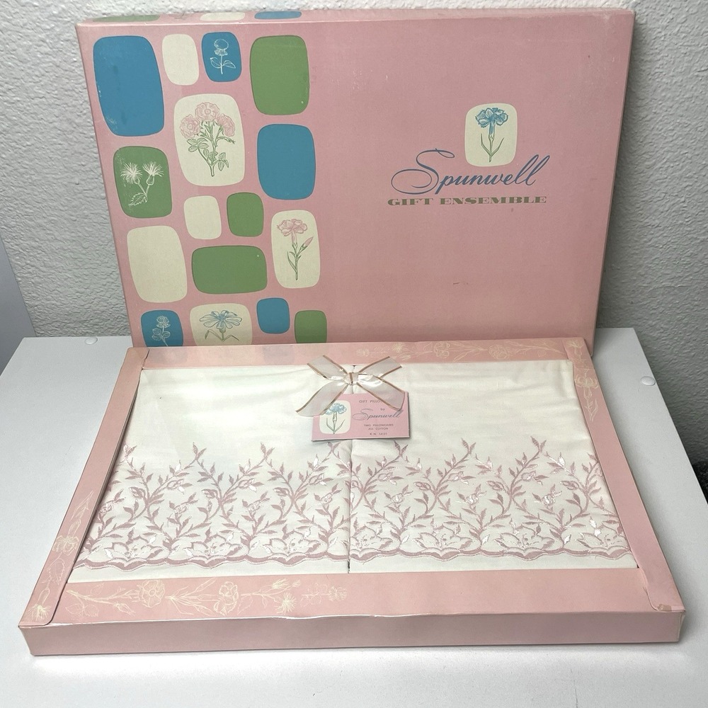 Vintage 1960s Burlington Spunwell Embroidered Pillowcases Pink Floral Gift Set